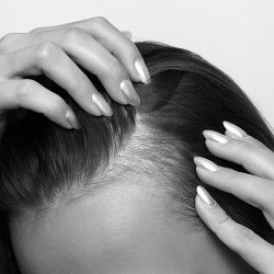 Young woman showing bald spots on forehead and temples with fingers. Baldness. Close-up. Hair care concept and treatment. Hair loss, hair transplant, alopecia